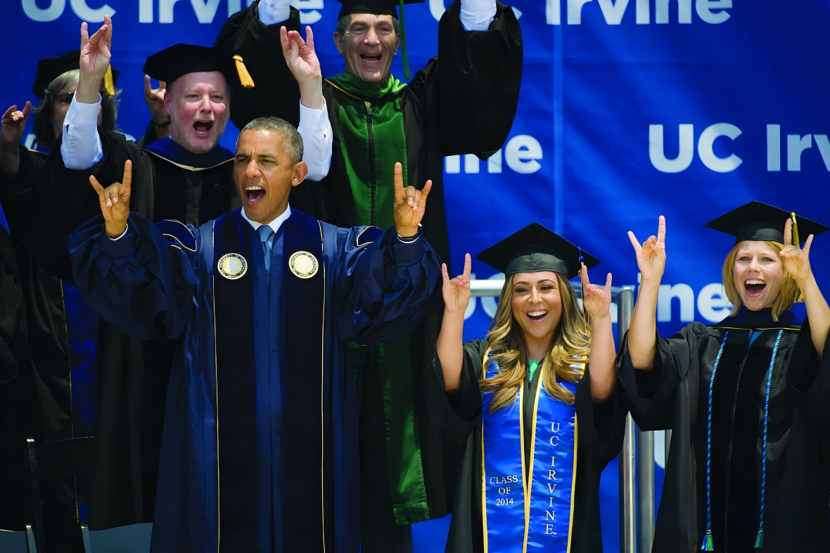 Barack Obama gave UC Irvine’s graduation address, met with loud “Zot!” chants from students.